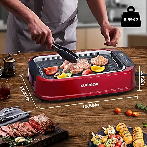 CUSIMAX Electric Grill, 1500W Indoor Smokeless Grill with LED Smart Display/Tempered Glass Lid, Temperature Adjustments, Non-Stick Removable BBQ Grill Plate & Drip Tray, Dishwasher Safe