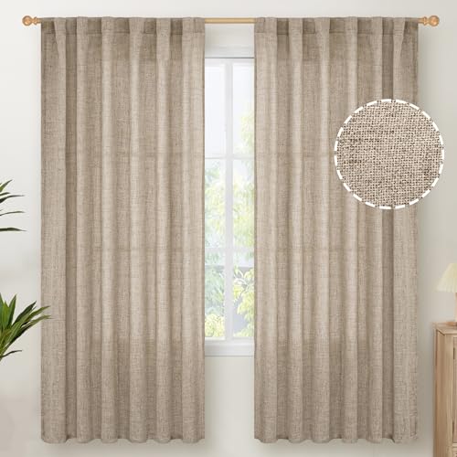 YoungsTex Dark Oatmeal Linen Semi Sheer Curtains 72 Inches Long for Living Room - Tan Burlap Drapes Light Filtering with Back Tab Rod Pocket Privacy for Farmhouse Bedroom 2 Panels 52 X 72 Inch