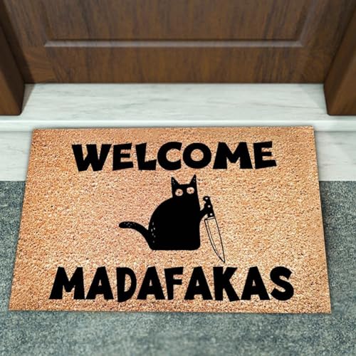 Wanjorlay 1 Stück „Dark Cat Welcome Madafakas“-Fußmatte mit Volldruck, Heimdekoration, Küche, Badezimmer, Dekoration für Menschen, Lustige Geschenke, Lustige Fußmatte