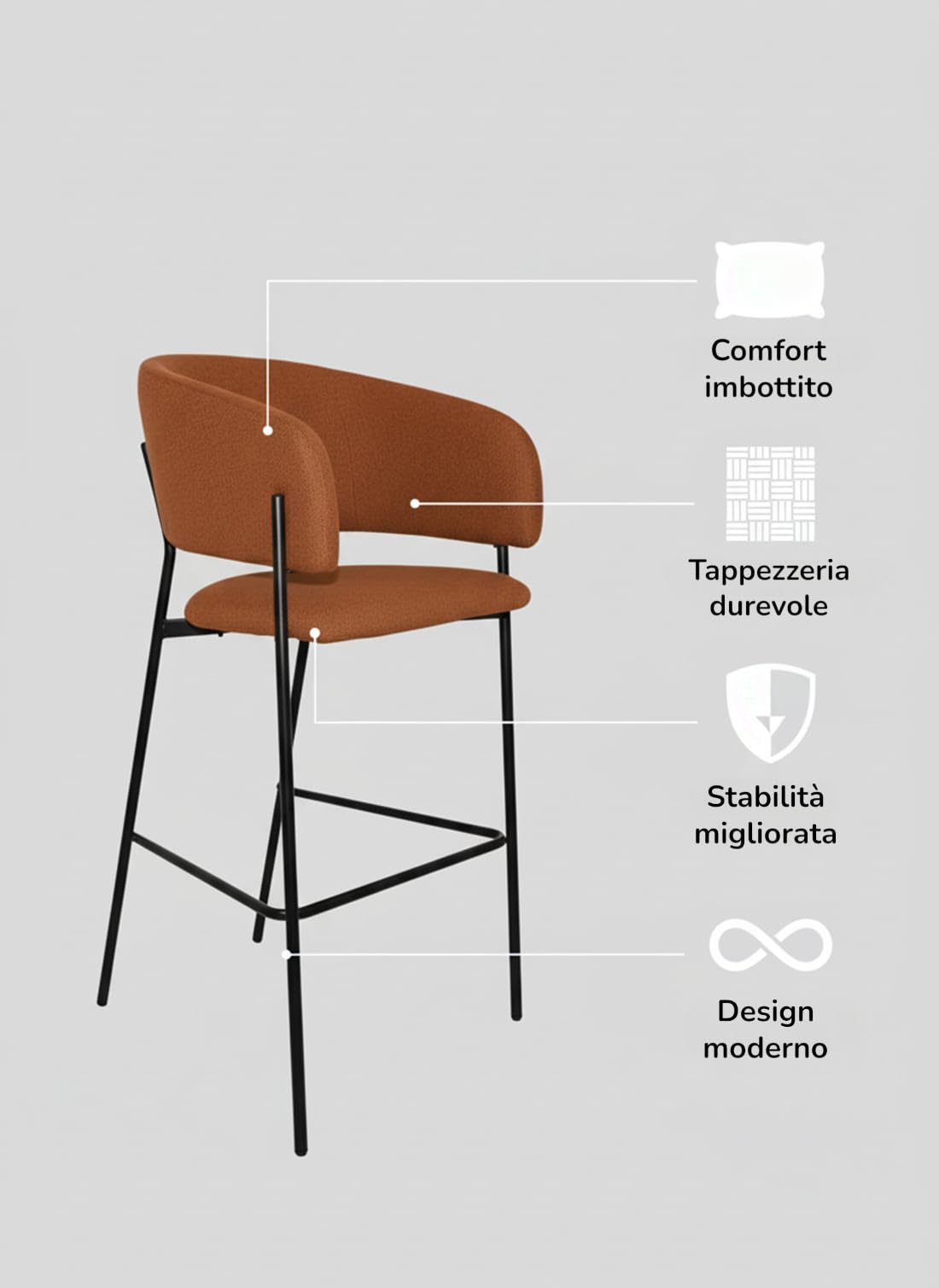 Cribel BRIGITTE Set 2 Sgabelli Alti da Bancone Bar in Tessuto Ruggine con Gambe Nere, Altezza Seduta 75 cm, Design Moderno con Schienale Ergonomico, 50x50x110 cm