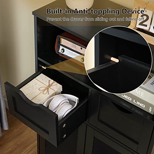Weenfon Bathroom Cabinet, Storage Cabinet With 2 Drawers & 2 Shutter Doors, Free Standing Floor Cabinet With Adjustable Shelf, For Living Room, Hallway, Home Office, Black #TOP5