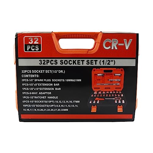 Jogo Soquetes Estriado 32 peças TNT de 8 a 32mm encaixe de 1/2 Alto Padrão Profissional