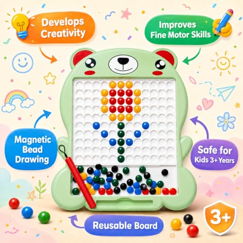 Image of Magnetic Drawing Board for Kids with 80 Beads & Pen | Big Size Educational Doodle Board | Preschool Learning & Fine Motor Skills Toy for Toddlers (Green)