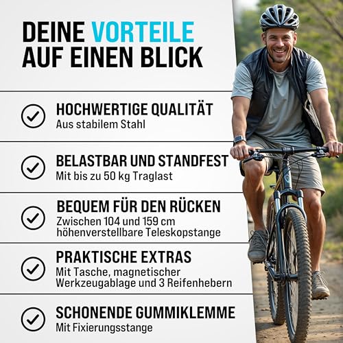 Monzana® Fahrradmontageständer Profi 50 kg für E-Bike Tragetasche Reifenheber Werkzeugablage Stahl klappbar höhenverstellbar Reparaturständer Fahrrad