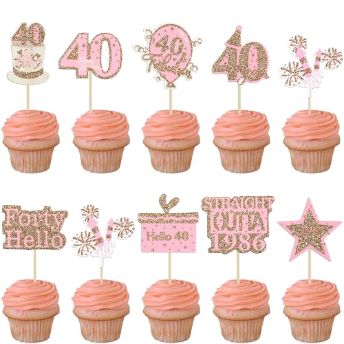 Gyufise 36Pcs Happy 40th Birthday Cupcake Toppers Glitter Rose Gold Forty Straight Outta 1986 Cupcake Picks 40 Fabulous Cheers to 40 Years Cake Decorations for 40th Birthday Party Supplies