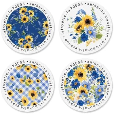 Sunflower Blues - Juego de 144 etiquetas personalizadas para dirección de retorno (4 diseños), redondas autoadhesivas, etiquetas de hoja plana, por