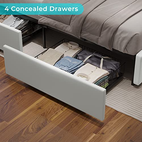 Hasuit Queen Bed Frame With Headboard, 4 Storage Drawers, 2 Usb Charging Station Ports, And Led Light, Upholstered Platform Bed Queen Size No Box Spring Needed, Noise Free #TOP5