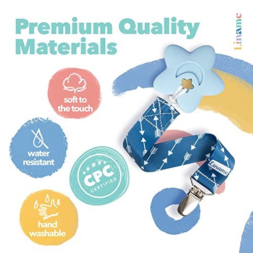Liname Neutral Pacifier Clip With Teething Toy - 4 Pack Pacifier Clips For Boys & Girls - Binky Holder Soothie Paci Clip Binkie Clip - Unisex Pacifer Clip Baby Pacifier Clip And Pacifier Holder (Blue) #TOP5