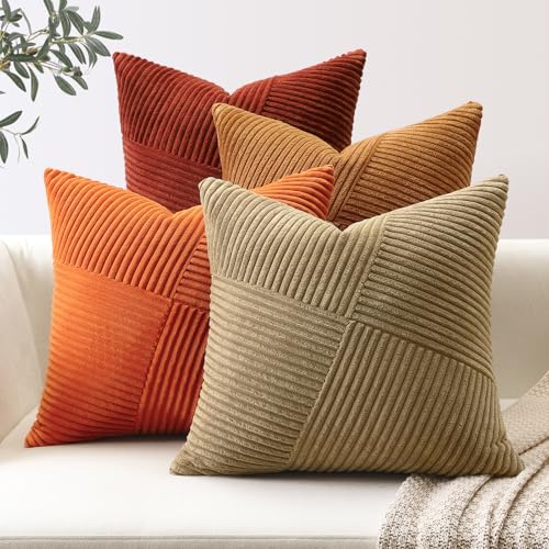 Image of Sungeek Set of 4 Decorative Cushion Covers Soft Corduroy Boho Farmhouse Square Throw Pillow Cases Fall Mix and Match Home Decor for Sofa Couch Bedroom Living Room 55x55cm, Brown Rust