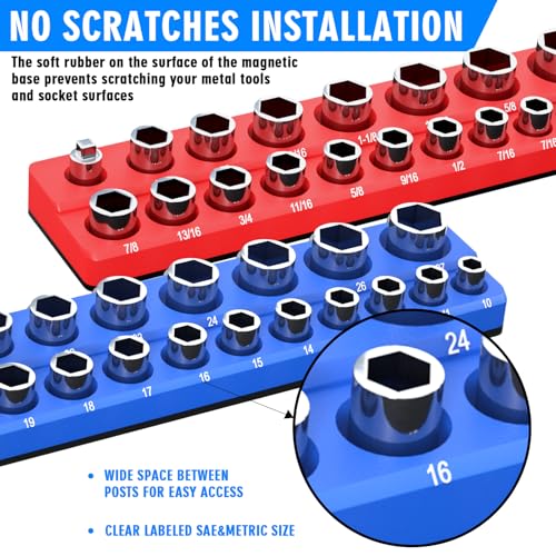 Image of Magnetic Socket Organizer Set, 6-Piece Socket Holder Trays for 1 /4 inch 3 /8 inch 1 /2 inch Drive, Holds up to 143 Sockets, Compatible with Metric and SAE Sizes (Blue & Red)