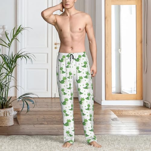 Mens Pajama Pants - Green Cute Alligator Print Soft Sleep Lounge Pants For Men, Casual Pj Bottoms With Pockets2
