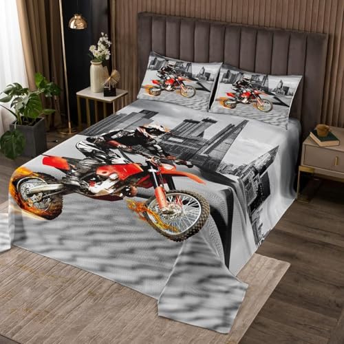 Loussiesd Motorrad Bettüberwurf Grau Stadt Moto-Cross Tagesdecke Modern Männer Jungs Microfaser Steppdecke mit 2 Kissenbezug 220x240cm + 80x80 cm Jungen Mädchen Kinder