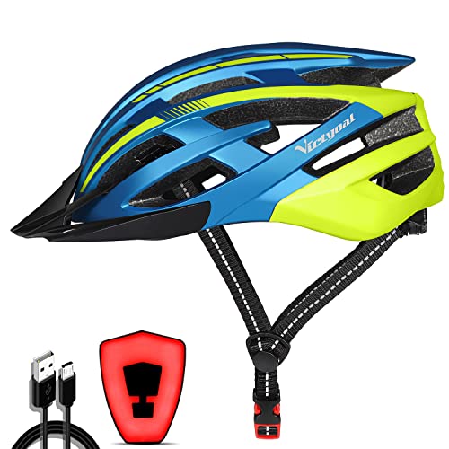 VICTGOAL Casco Bicicleta Adulto con Seguridad LED Luz Trasera Casco de Montaña para Hombres Mujeres Casco Bicicleta con Visera Desmontable 57-61 CM (Azul Amarillo) Cover