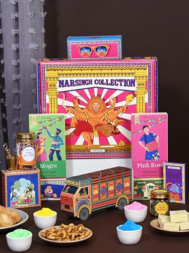 Image of Indian Karigar Narsingh Collection 2026 | 15 Inclusions | Holi Gulal for Holi Colour 160g | Thandai Powder + Eye Glasses + Truck Theme Tshirt & More | Organic Skin Safe Holi Colors With Certificate & Greeting Card | Holi Gift Hampers (Narsingh Collection Holi Gift Hamper)