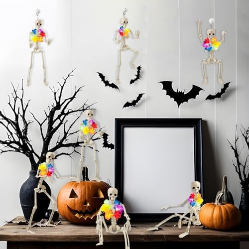 51evXamryiL._AC_ JMUQ 2 Packs 16 Inch Skeleton Halloween Decor Movable Halloween Skeleton with Wreaths, Plastic Full Body Skeleton Decor for Porch House Hanging Decoration and Other Halloween Decor Occasions