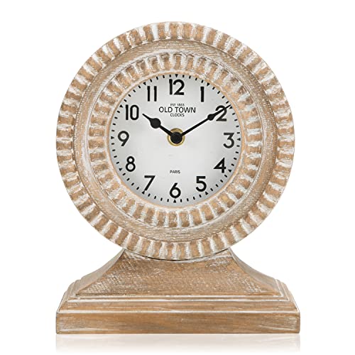 NIKKY HOME Hand Carved Wood Table Clock, Shelf Desk Top Clock Battery Operated Boho Design, Vintage Home Decor for Fireplace Mantel, Desktop, Countertop, Natural Wood Color