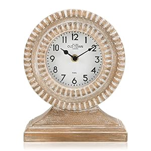 NIKKY HOME Hand Carved Wood Table Clock, Shelf Desk Top Clock Battery Operated Boho Design, Vintage Home Decor for Fireplace Mantel, Desktop, Countertop, Natural Wood Color