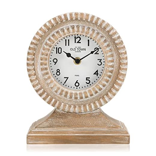NIKKY HOME Hand Carved Wood Table Clock, Shelf Desk Top Clock Battery Operated Boho Design, Vintage Home Decor for Fireplace Mantel, Desktop, Countertop, Natural Wood Color