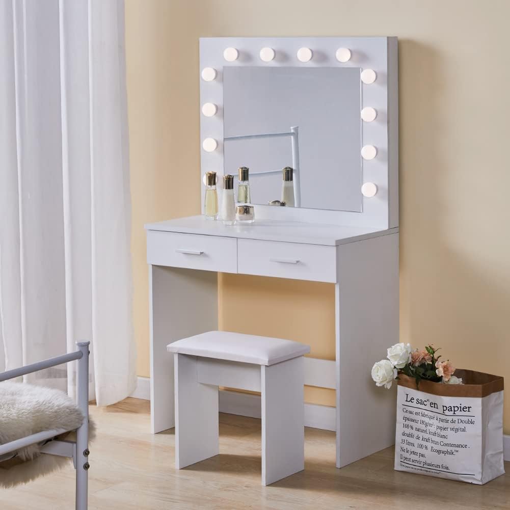 LEMROE Tocador Mesa de Maquillaje con Hollywood LED Espejo, Mueble Tocadores con Luz, 2 Cajones Grandes y Taburete Moderno Blanco