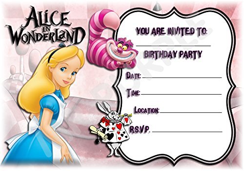 A5 KIDS CHILDRENS BIRTHDAY PARTY INVITATIONS X 12 - ALICE IN WONDERLAND LANDSCAPE DESIGN (WITH Envelopes)