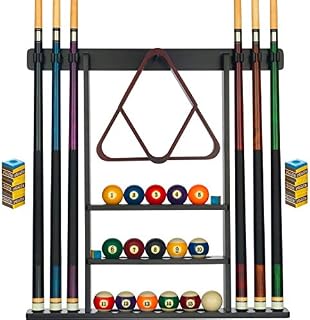 Billiards Xpress Pool Cue Rack - Pool Stick Holder Wall Mount With 16 Ball Holders & 6 Pack Of Chalk - Rubber Circle Pads & Large Clips Prevent Damage - Compact Billiard Table Accessories For Man Cave