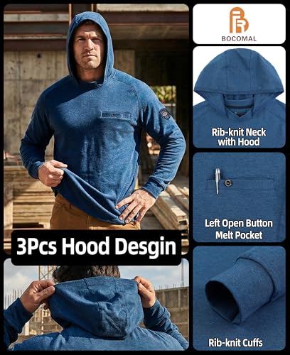 Image of BOCOMAL FR Hooded T Shirts Utility Pocket Fire Resistant Summer Hoodie CAT2 | 6oz Midweight Flame Retardant Cotton Hoodies,Kangaroo /Button Pocket,NFPA2112,Rib-Knit Cuffs,FRC Welding Arc Rated Work Shirt