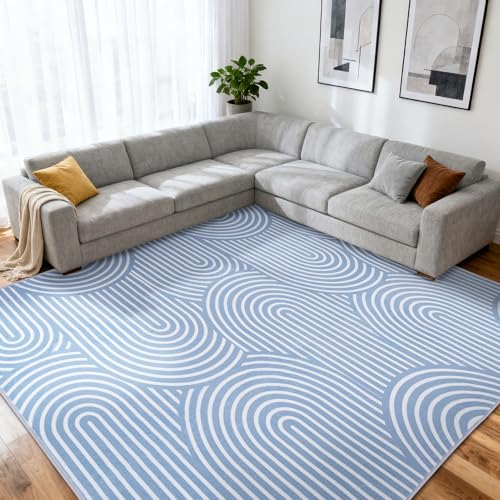 Wohnzimmerteppich 200x280 cm, waschbarer geometrischer Teppich fürs Schlafzimmer, kurzflorig, weich und rutschfest, abstrakter großer Teppich für Klassenzimmer, Esszimmer, Büro, Kinderzimmer, Blau