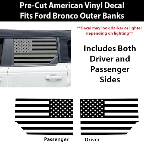 Image of BOGAR TECH DESIGNS Precut Rear Side Window American Flag Vinyl Decal Sticker Compatible with Ford Bronco 2021-2026, Thin Green Line