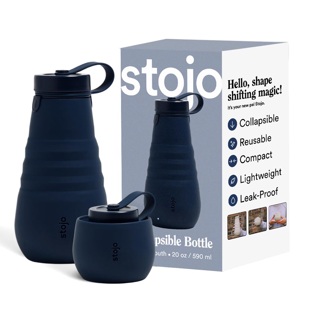 STOJO Collapsible Water Bottle – Denim Blue, 20oz / 592ml - Leak-Proof Reusable Silicone Travel Cup for Hot & Cold Drinks - Microwave & Dishwasher Safe