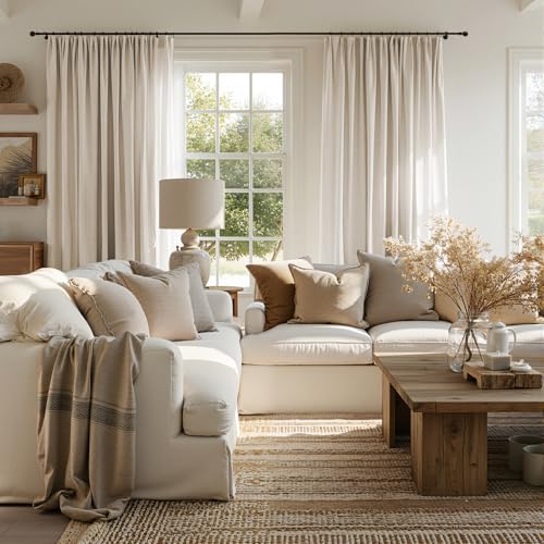 Image of jinchan Linen Curtains Light Filtering Back Tab 50x84 Inch 2 Panels Beige