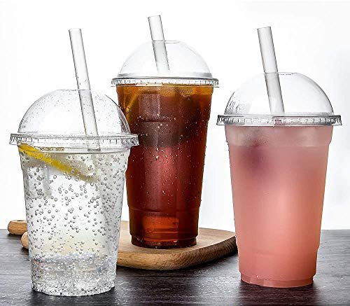TashiBox [ 16oz - 100 Set Plastic Cups with Dome lids Clear Iced Coffee Smoothie Juice Soda Cocktail and Party Cups