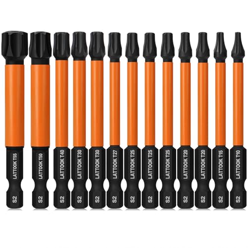 Impact Torx Bit Set, LATTOOK 13PCS Security Torx Bit Set, Tamper Proof Star Bit Set, Magnetic S2 Steel, 3'' Long, T10, T15, T20, T25, T27, T30, T40, T50, T55 by LATTOOK - Used condition - US$15.83