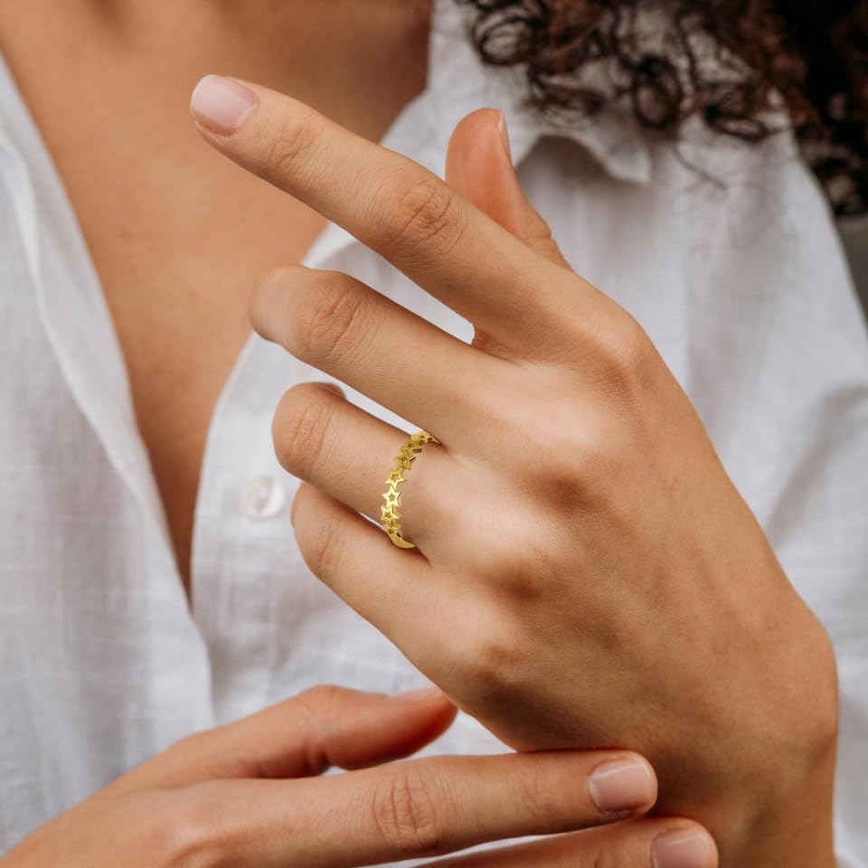 10K Yellow, White, and Rose Gold 1.5 mm Cluster Of Gold Open Stars In A Row Celestial Band Statement Ring for Women, Available in Sizes 4-12