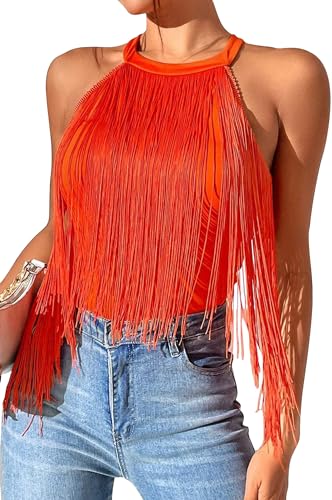 Camisole sans manches à franges femme Maeau rouge orangé pour l'été