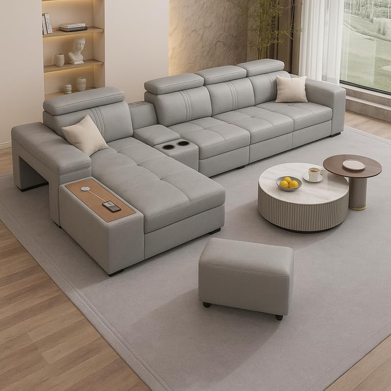 Image of Homax. Nimra Smart L-Shape 7-Seater Sectional Sofa Set with Console, Cup Holders, Charging Station & 2 Ottomans - Premium Leatherette Finish - Grey Color Orientation RHS
