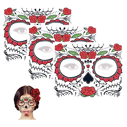 Sugar Skull Temporary Tattoo Day of the Dead Glitter Red Rose Design (3 Tattoo Kits)