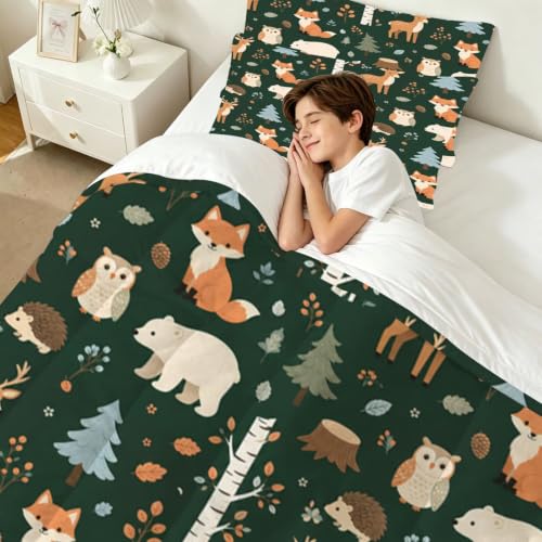 Image of Twin Green Forest Animal Comforter Set for Kids Bedroom Decor
