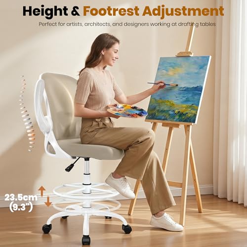 Image of Primy Drafting Chair Tall Office Chair with Flip-up Armrests Executive Ergonomic Computer Standing Desk Chair with Lumbar Support and Adjustable Footrest Ring(Khaki)