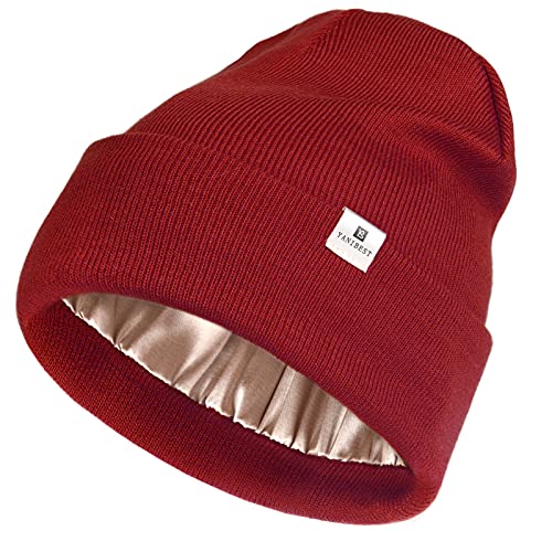 YANIBEST Womens Saitn Lined Knit Beanie Hat Acrylic Winter Hats for Women Men Silk Lining Soft Slouchy Warm Cuffed Beanie Hat Wine Red