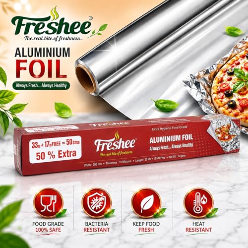 Image of Freshee 50gm Aluminium Silver Kitchen Foil Roll Paper Pack of 5|11 Micron Thick|Food wrap|Disposable Food Parcel|Fresh Food