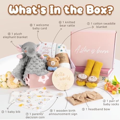 Image of Newborn Baby Girl Gift, 9 Pcs Baby Gift for Girls Newborn Essentials, New Baby Girl Gift Basket Baby Shower Gender Reveal Gifts, New Mom Gift Swaddle Blanket Bear Rattle Gift Set, Khaki