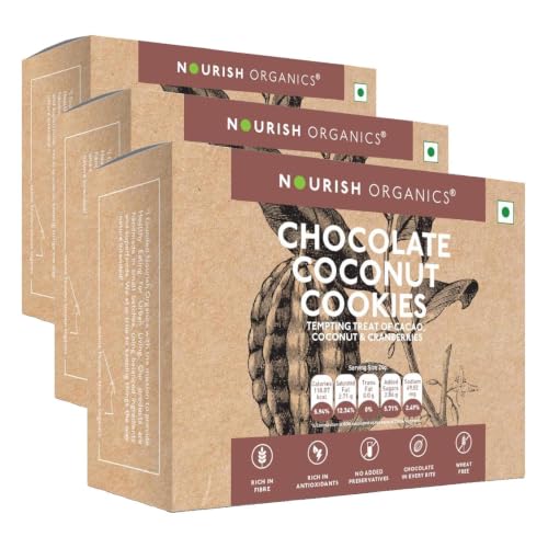 Image of Nourish Organics Chocolate Coconut Cookies | Wholesome Chocolaty Cookies with Coconut | Made with Cocoa, Oats & Cashews | High Fibre Snack | No Refined Sugar | 120g Pack (Pack of 3)