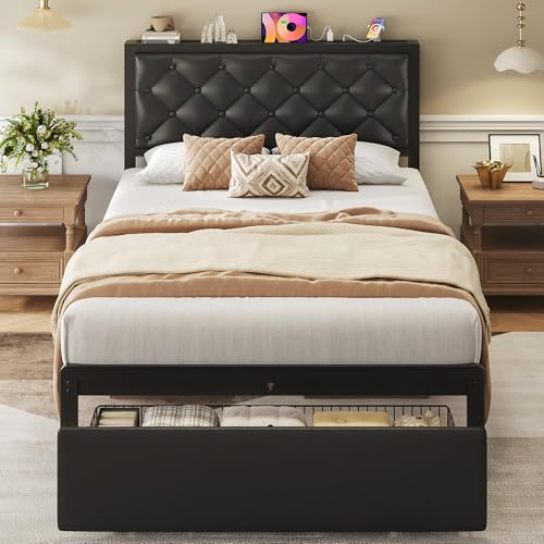 Image of Fluest Twin Bed Frame with Storage Drawer, Upholstered Headboard Button Tufted Bed Frame with Charging Station, No Box Spring Needed, Noise-Free, All Metal Structure, Black