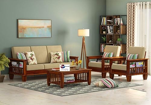 Image of Solid Sheesham Teak Wood Wooden 5 Seater Sofa Set Without Pillow- Cream Cushions | Teak Finish