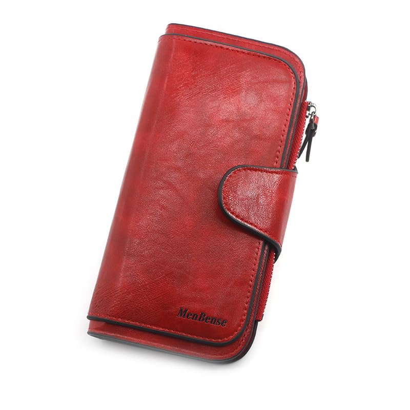 momisy Genuine Leather Bifold Wallet for Women, Zipper Closure with Card Slots (Red)-picture-18