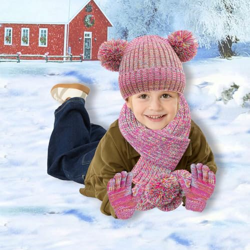 Kids Winter Hat Gloves Scarf Set, Boys Girls Winter Warm Cute Accessories Set, Beanie Hat Knit Long Scarf Warm Mittens 6