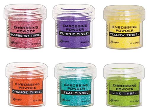 Ranger Tinsel Embossing Powder - Six 1 Ounce Bottles - Purple, Lime, Yellow, Teal, Raspberry, Orange - Bundle of 6 Jars