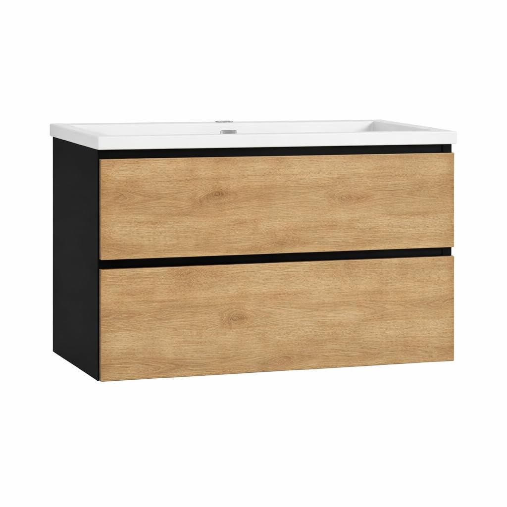 Baikal Mueble de Baño Lia. Mueble MONTADO. 2 Cajones Suspendido con Lavabo Ceramico. Armario de Baño. Cierre Amortiguado. Altura 64cm. 90cm. Negro - Nature