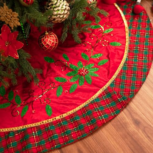 Valery Madelyn Christmas Tree Skirt for Tree Decorations, 48 Inch Fabric Traditional Red Green Gold Small Xmas Velvet Tree Skirt with Holly Leave Pattern & Tartan Trim Tree Merry Christmas Party Decor
