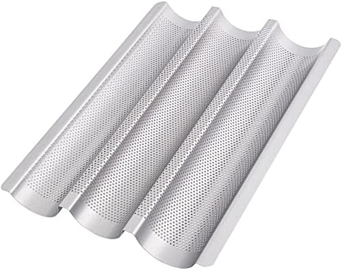 GOURMEO Non-Stick Baguette Baking Pan - French Bread Loaf Tray for 3 Perfectly Baked Baguettes - Perforated Silver Baguette Bake Pan for Baking Supplies